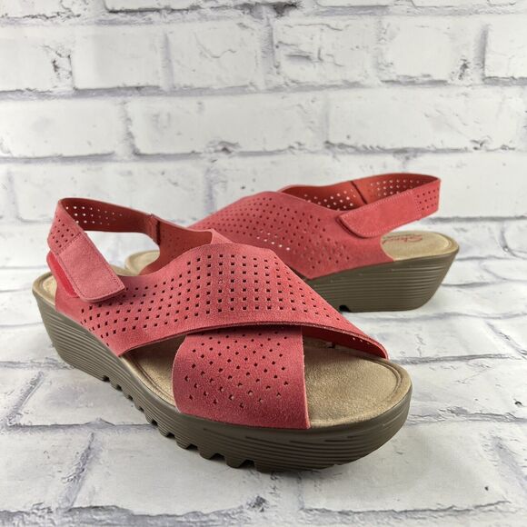 Skechers Women’s 9 Parallel Plot Suede Leather Slingback Wedge Sandal Pink - Picture 1 of 12